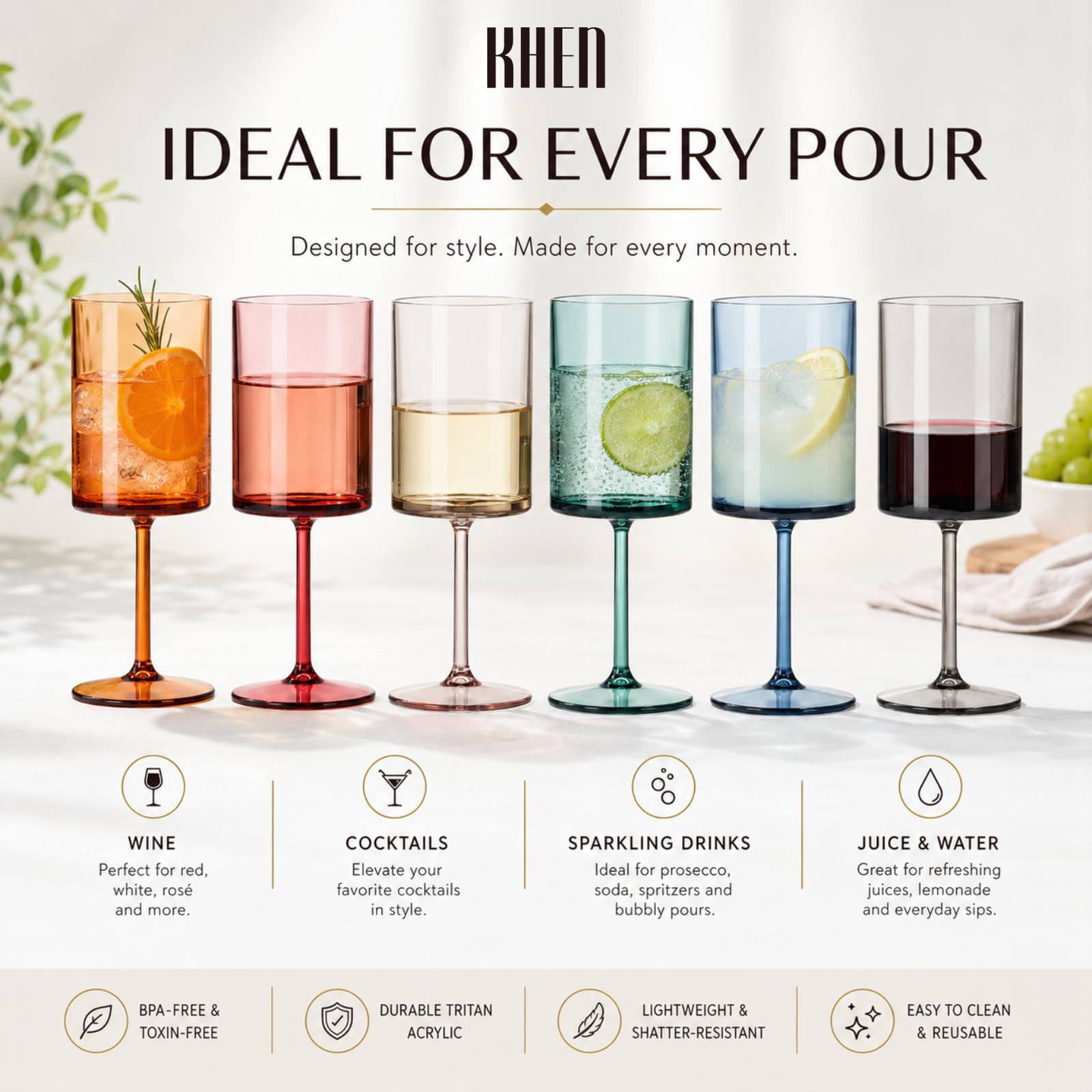 Tonal Acrylic Stemmed Square Wine Glassware, Set of 6