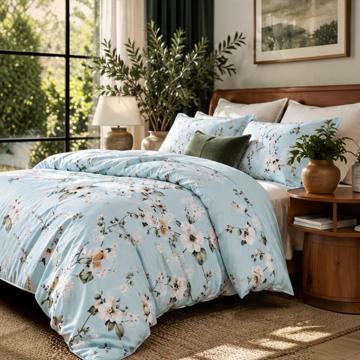 NEW West Elm Light Blue Floral Print Boho Queen / King Bedding Duvet & Sham Set