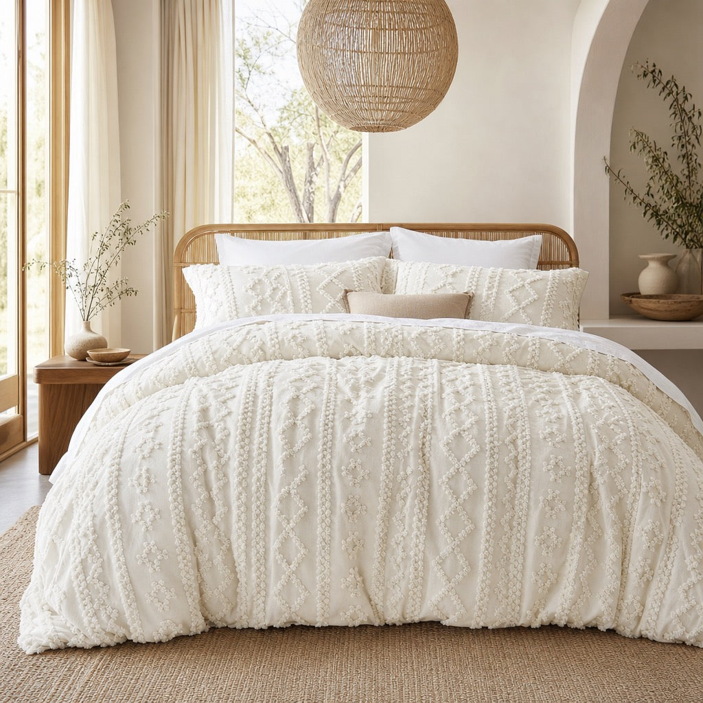 NEW Anthropologie Beige Boho King / Queen Size Tufted Bedding Duvet & Sham Set
