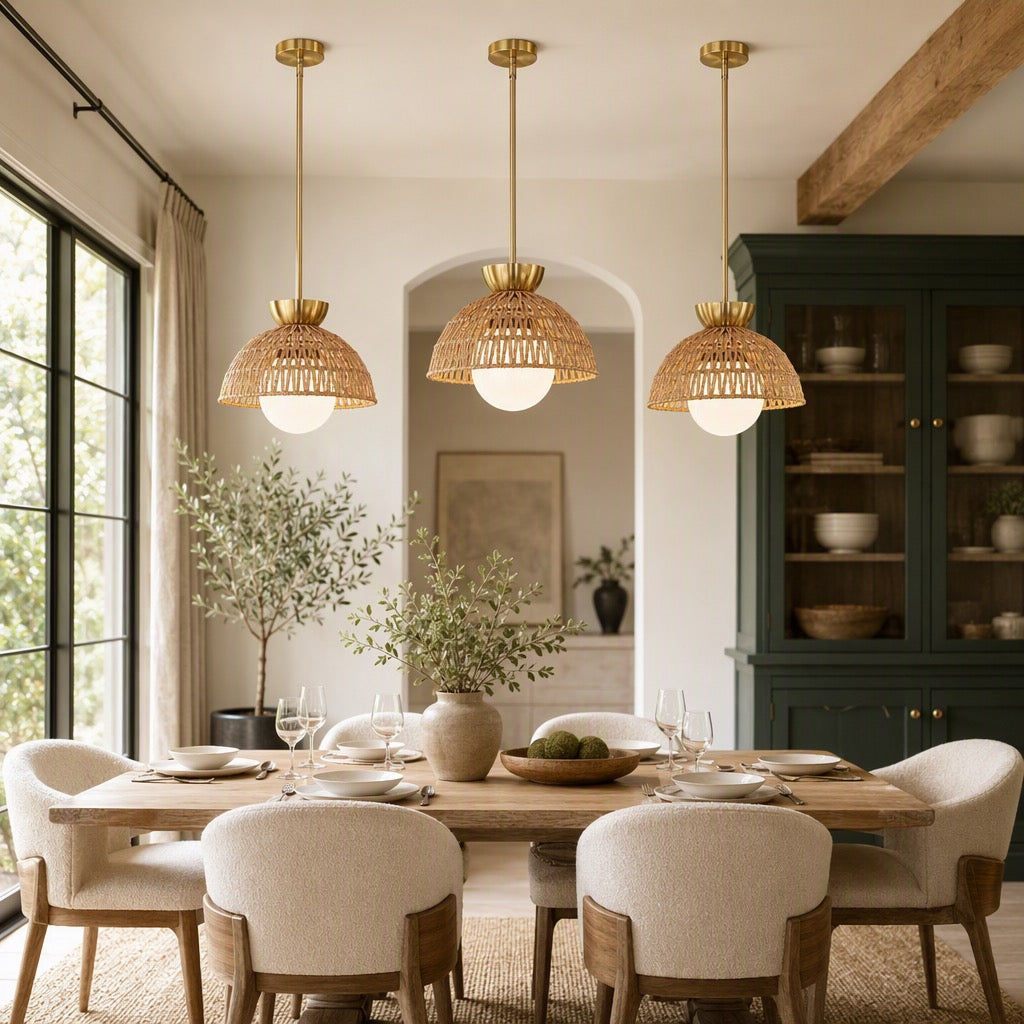 NEW West Elm Gold & Rattan Glass Globe Woven Hanging Boho Pendant Light Fixture
