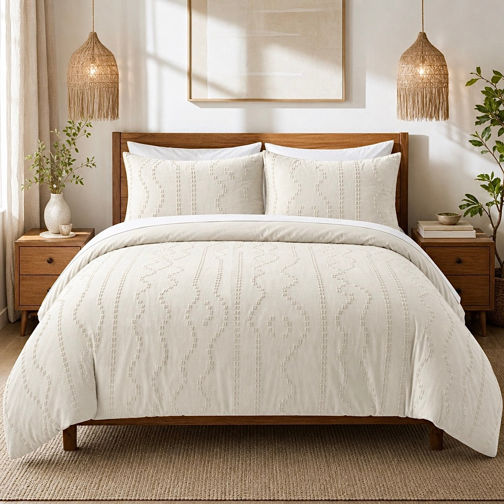 NEW Anthropologie Beige King / Queen Size Tufted Fringe Bedding Duvet Sham Set