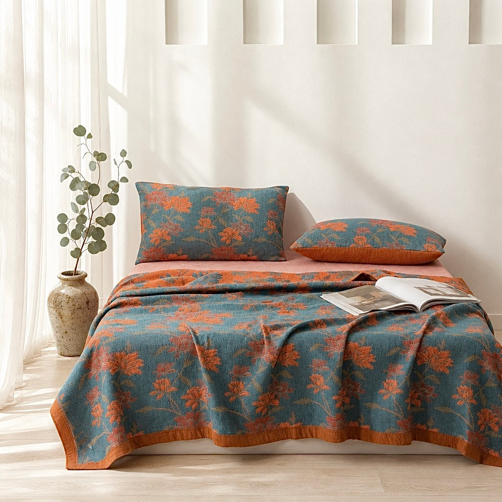 NEW Anthropologie Blue Orange Reversible King Size Bedspread Blanket Sham Set