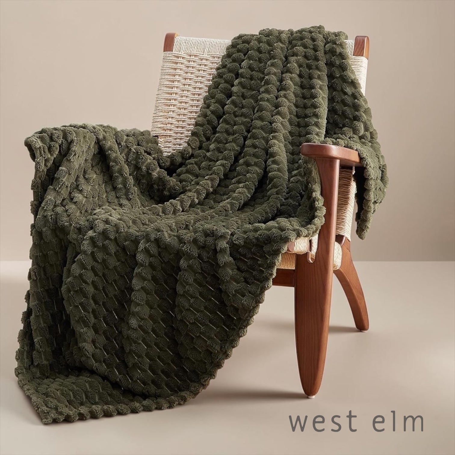 NEW West Elm Boho Dark Green Sherpa Ultra Soft Throw Blanket Bedding - 60" x 50"