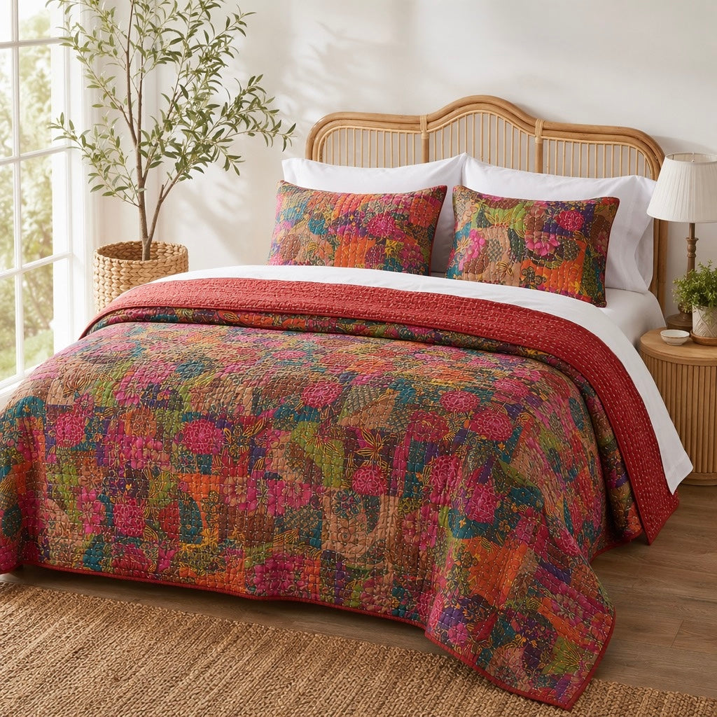 NEW Anthropologie Red Multicolor Floral Boho King Quilt Bedspread Bedding & Sham Set
