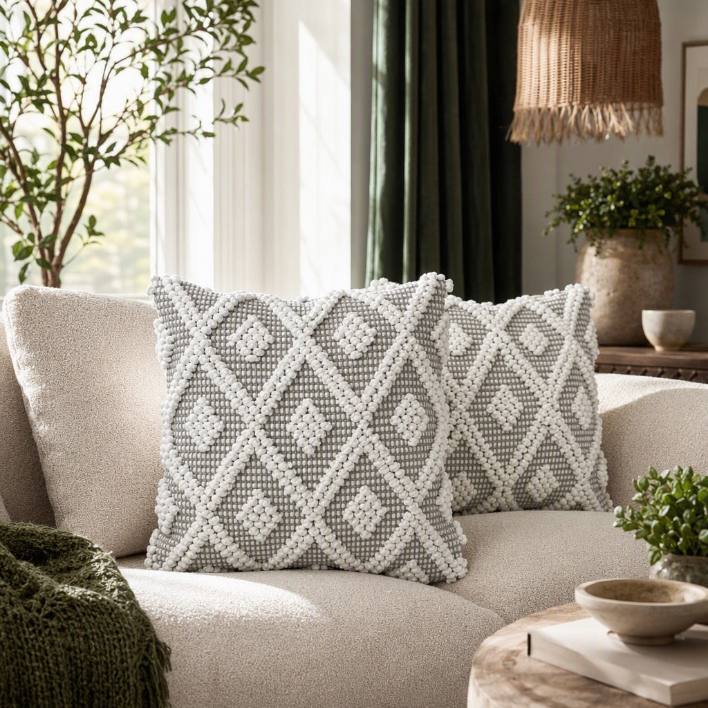 NEW Anthropologie Boho Pom Pom Grey Throw Pillow Case Cover Sham - 20" x 20"