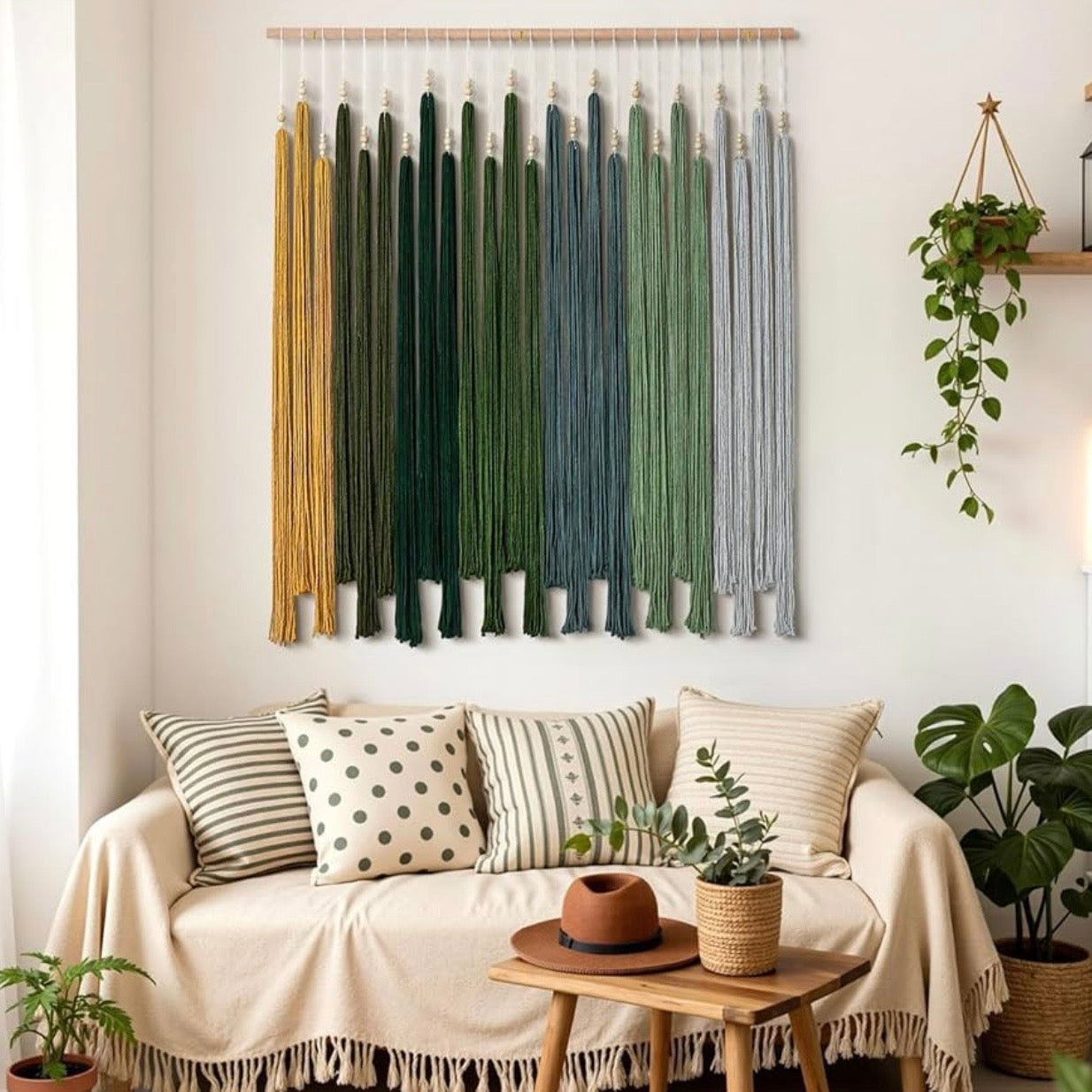 NEW Anthropologie XL Green Boho Tapestry Macrame Dyed Yarn Wall Hanging 40 x 45