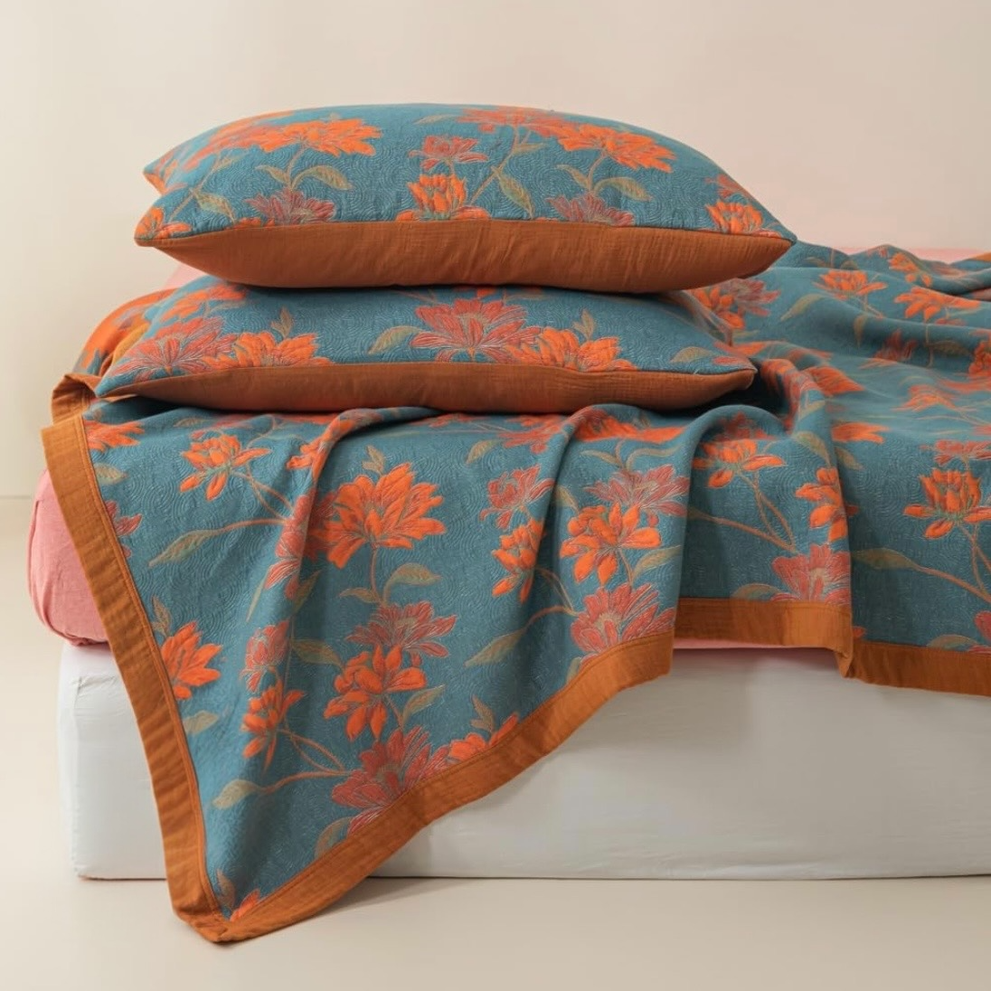 NEW Anthropologie Blue Orange Reversible King Size Bedspread Blanket Sham Set