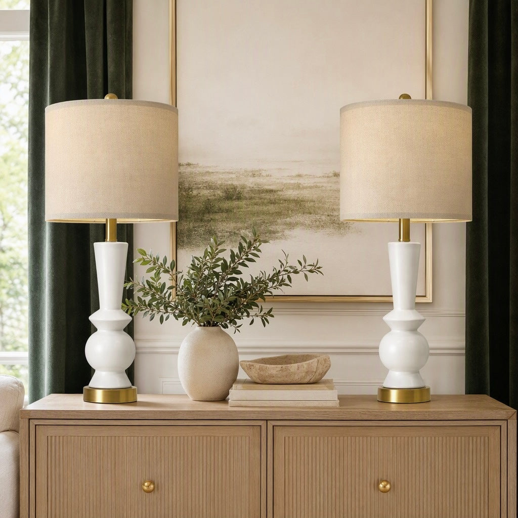 NEW Anthropologie Set of 2 White & Gold Ceramic Boho Table Lamps Lighting - 27"