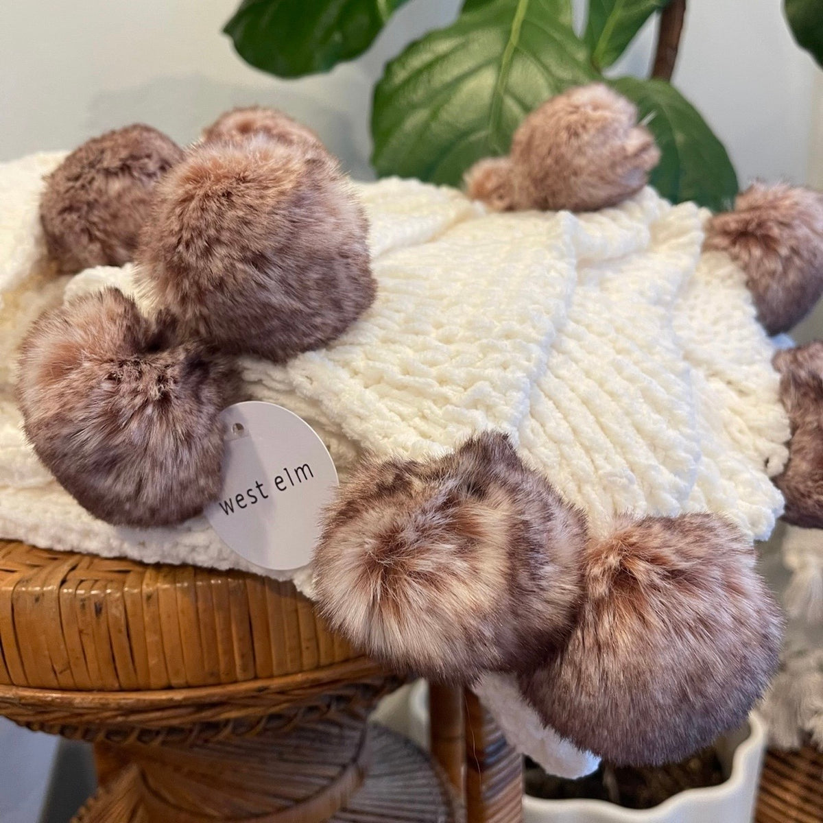 NEW West Elm Boho White Knit Fur Pom Pom Throw Blanket Bedding - 50" x 64"