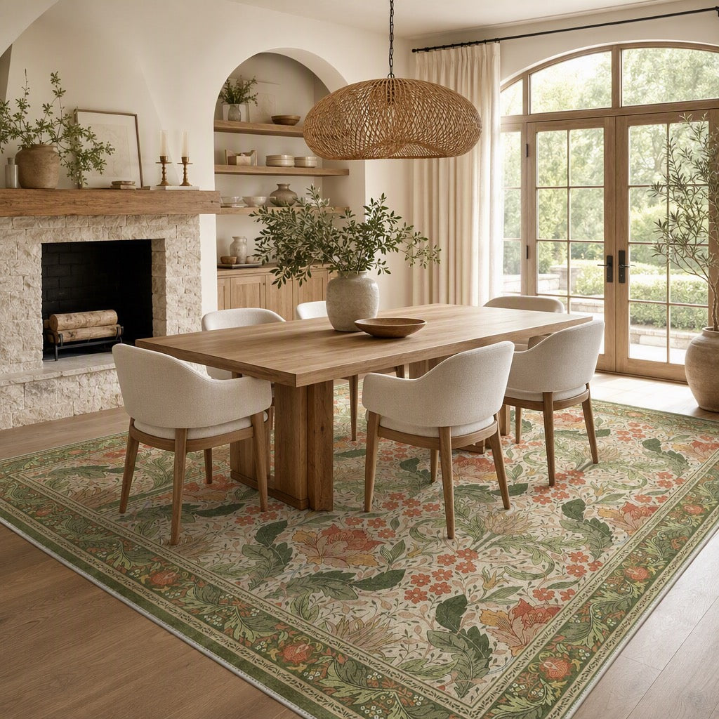 NEW Anthropologie Green Orange Floral Vintage Washable Area Rug Carpet - 5' x 7'