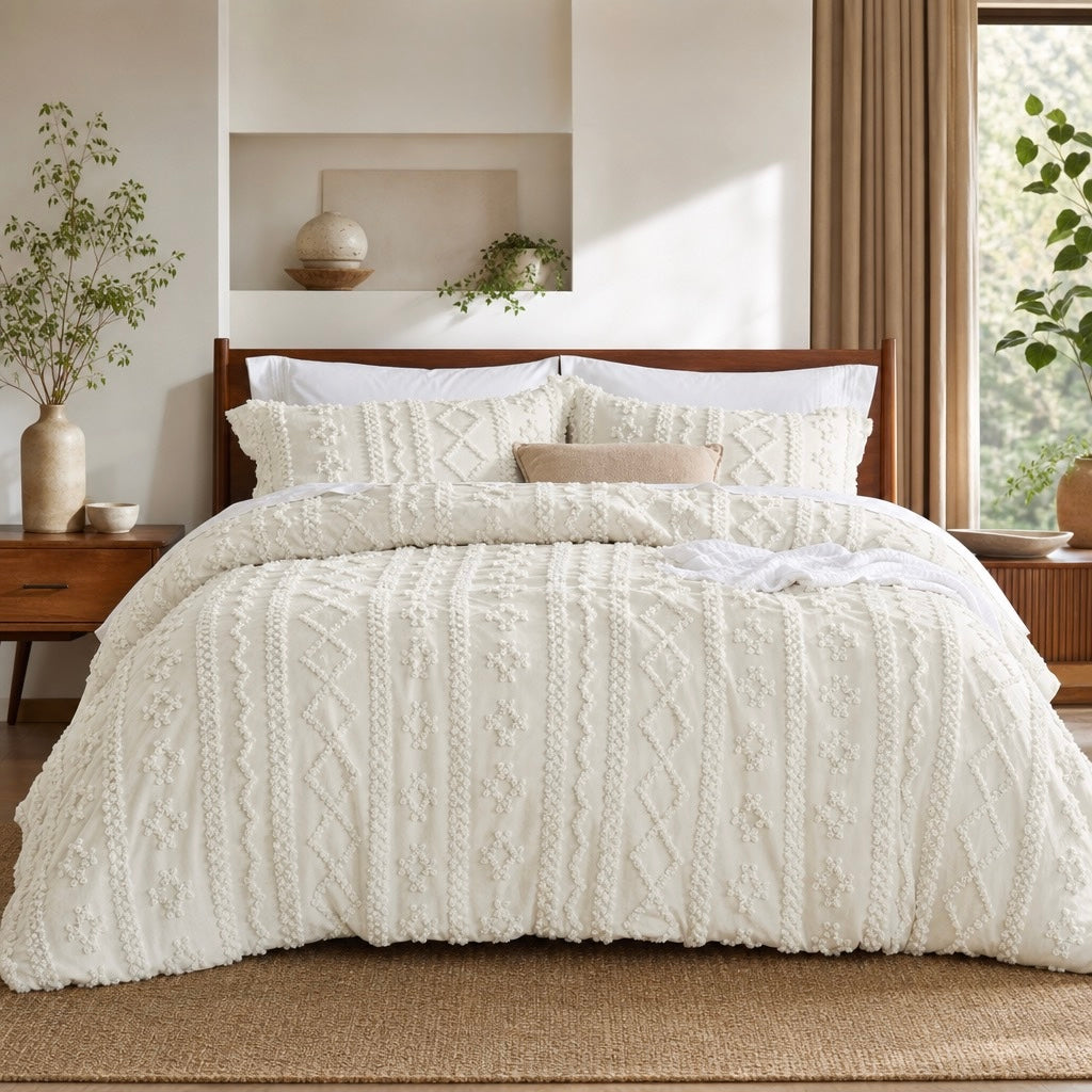 NEW Anthropologie Beige Boho King / Queen Size Tufted Bedding Duvet & Sham Set