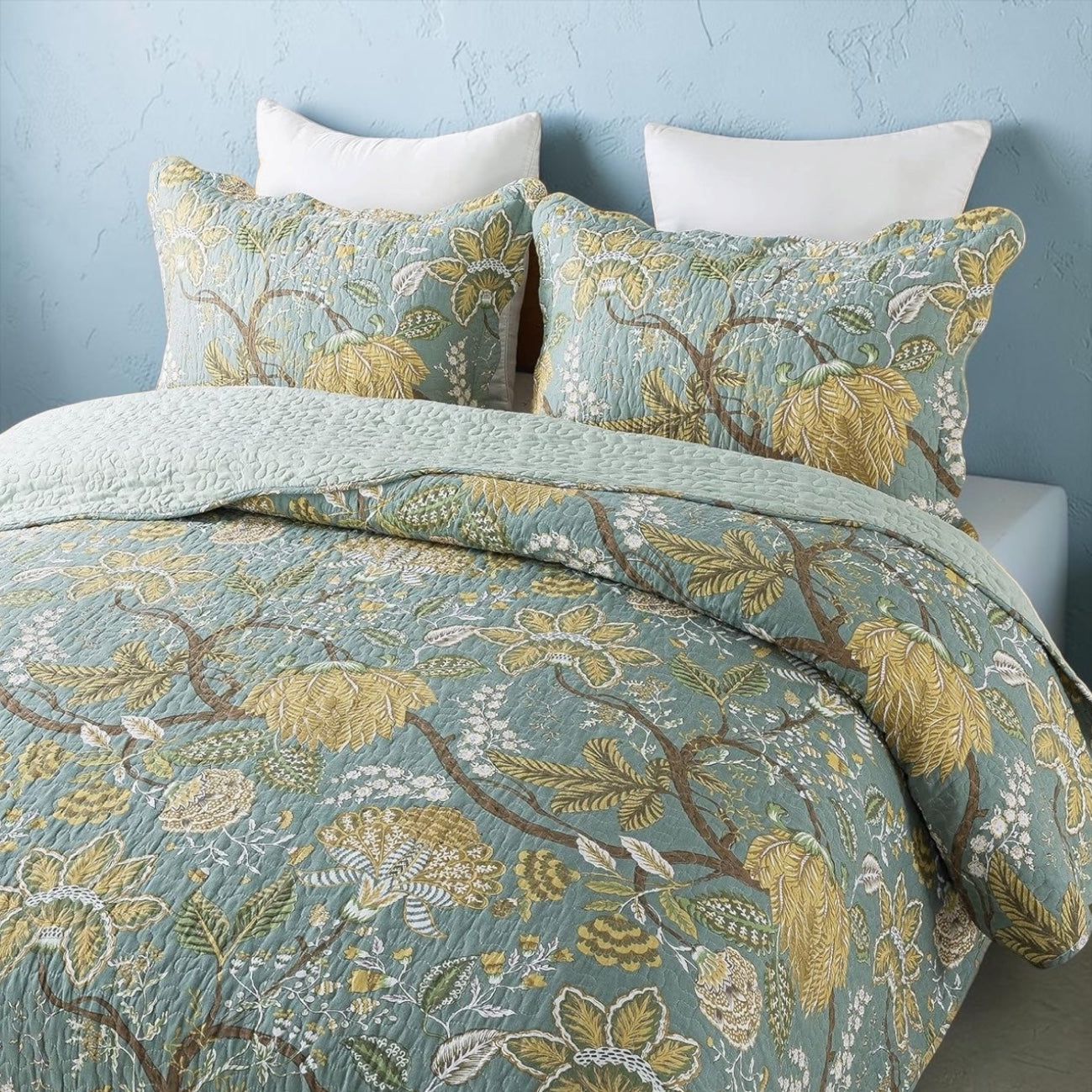 NEW Anthro Green Floral Reversible Queen / King Boho Bedding Quilt & Sham Case