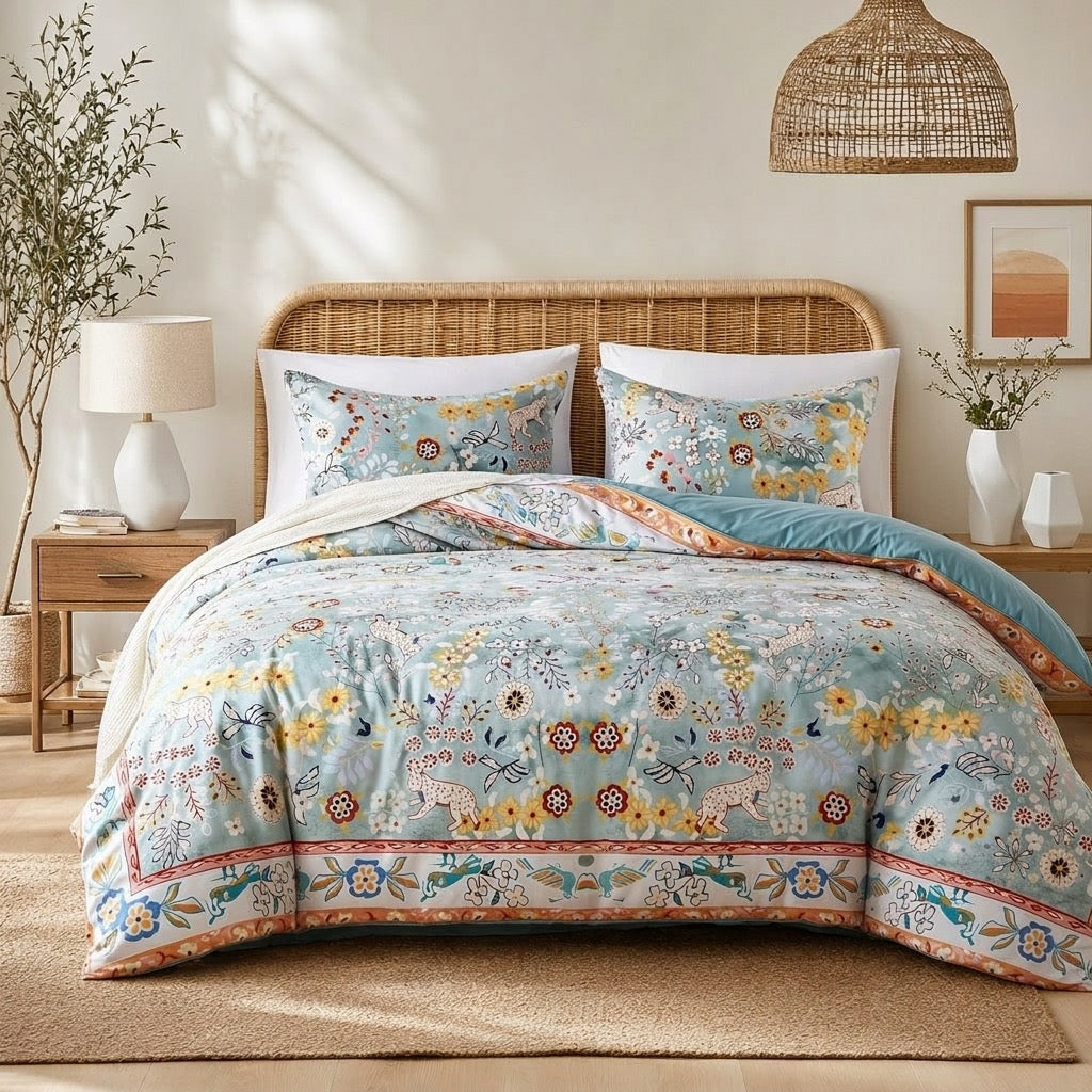 NEW Anthro Blue Jungle Multicolor Boho Queen / King Bedding Duvet & Sham Case