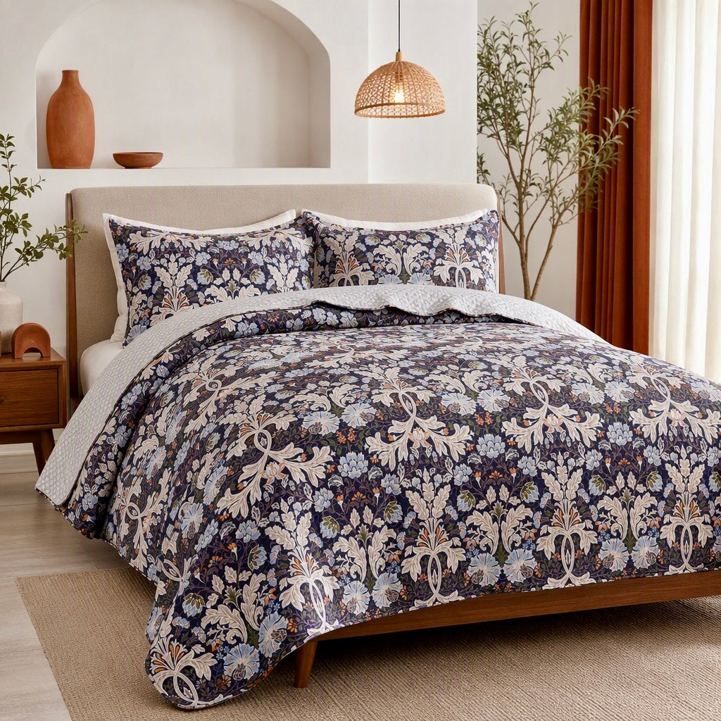 NEW Anthropologie Purple Floral Queen / King Quilt Bedspread Bedding & Sham Set