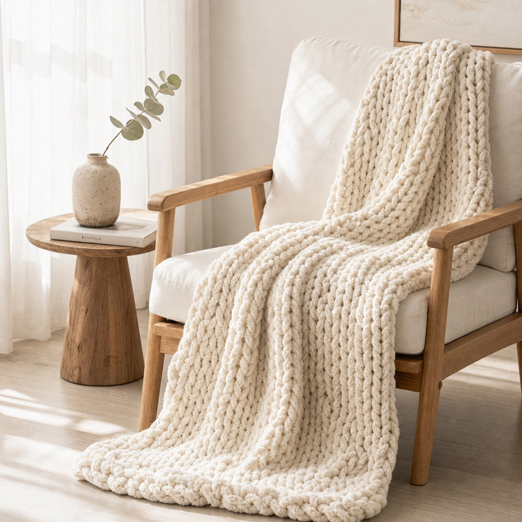 NEW Anthro Boho Chunky White Chenille Cable Knit Crochet Throw Blanket 60" x 40"