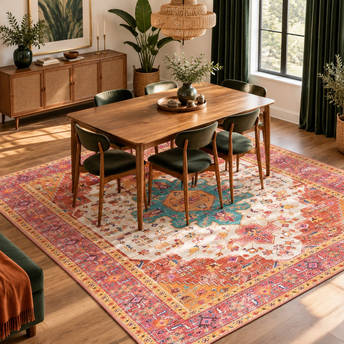 NEW Anthropologie Pink & Teal Moroccan Boho Washable Area Rug Carpet - 5' x 7'