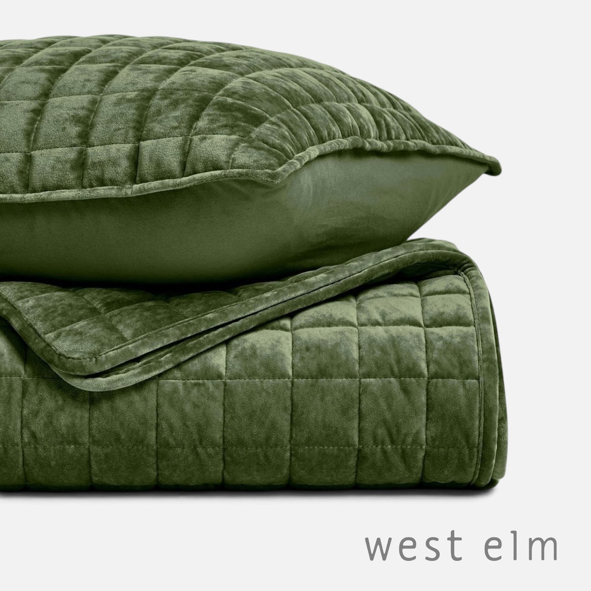 NEW West Elm Green Velvet Luxury Queen / King Size Bedding Comforter & Sham Set