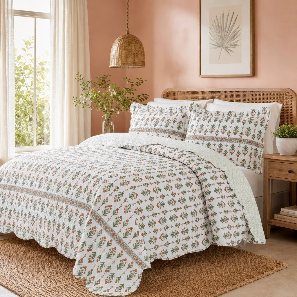 NEW Anthropologie Coral & White Floral Queen / King Bedding Quilt & Sham Set