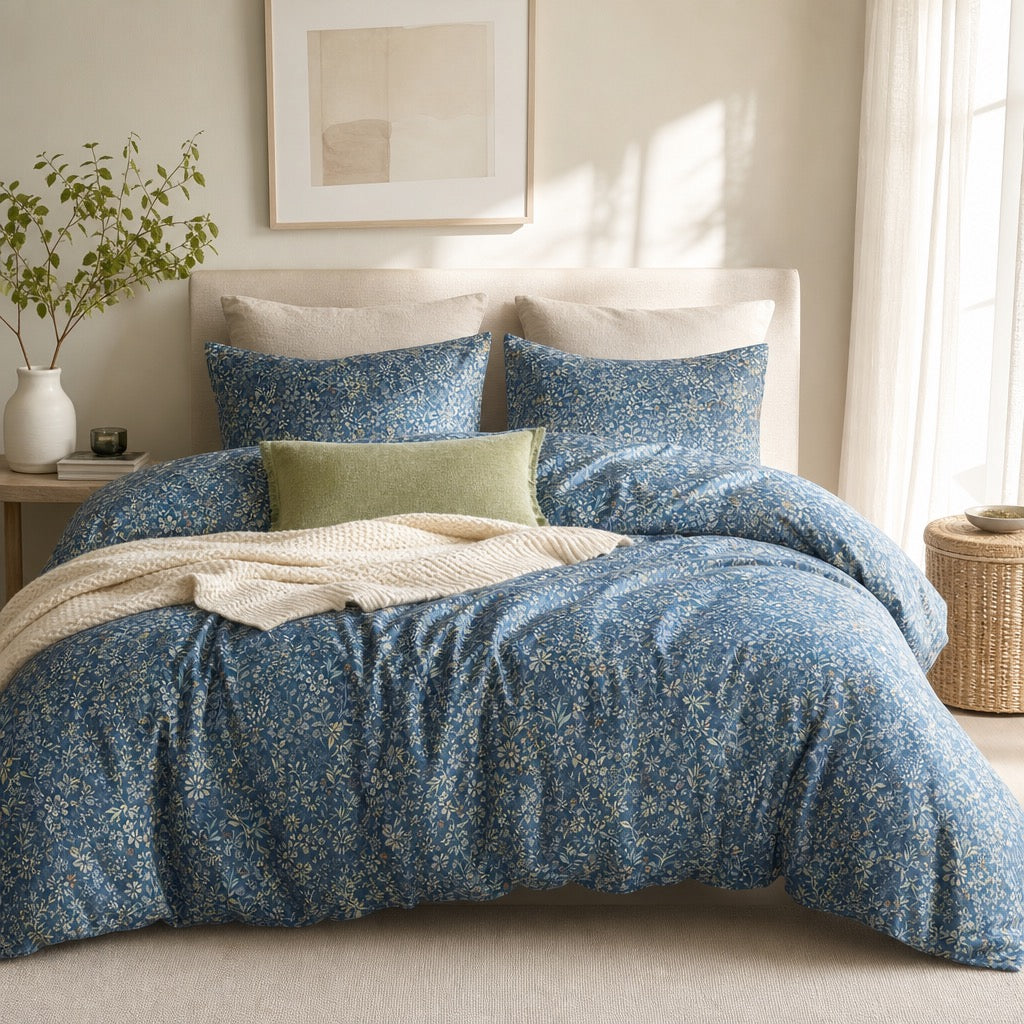 NEW Anthropologie Blue Floral Cotton Boho King / Queen Bedding Duvet & Sham Set
