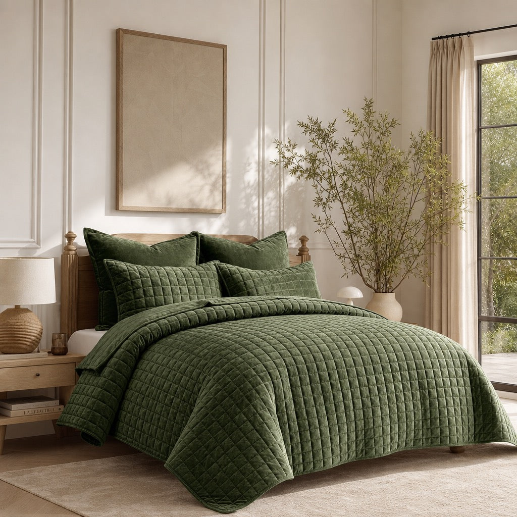 NEW West Elm Green Velvet Luxury Queen / King Size Bedding Comforter & Sham Set