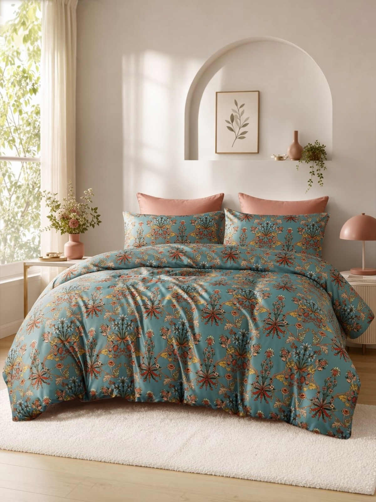NEW Anthropologie Teal Orange Floral Boho Cotton Queen / King Bedding Duvet & Sham Set