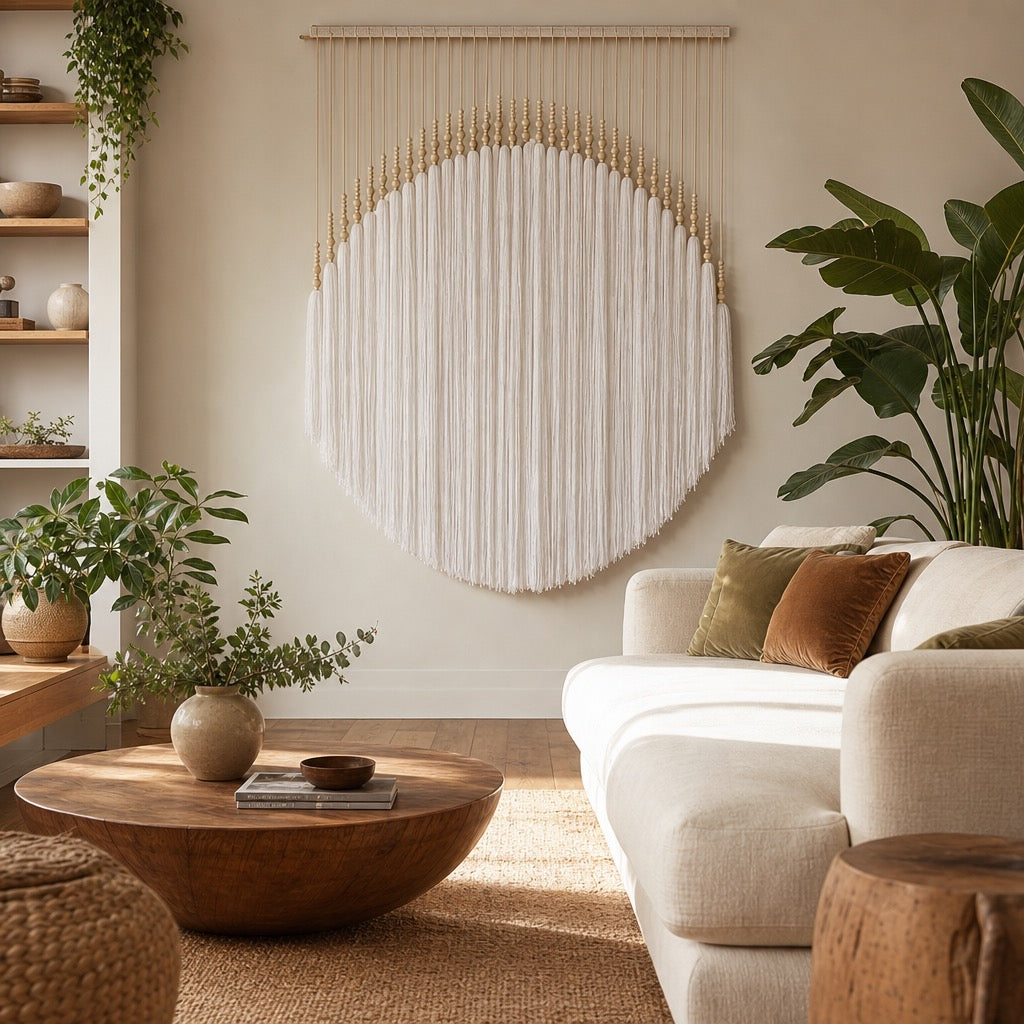 NEW Anthropologie Large Boho White Tassel Tapestry Round Beaded Wall Hanging 55"
