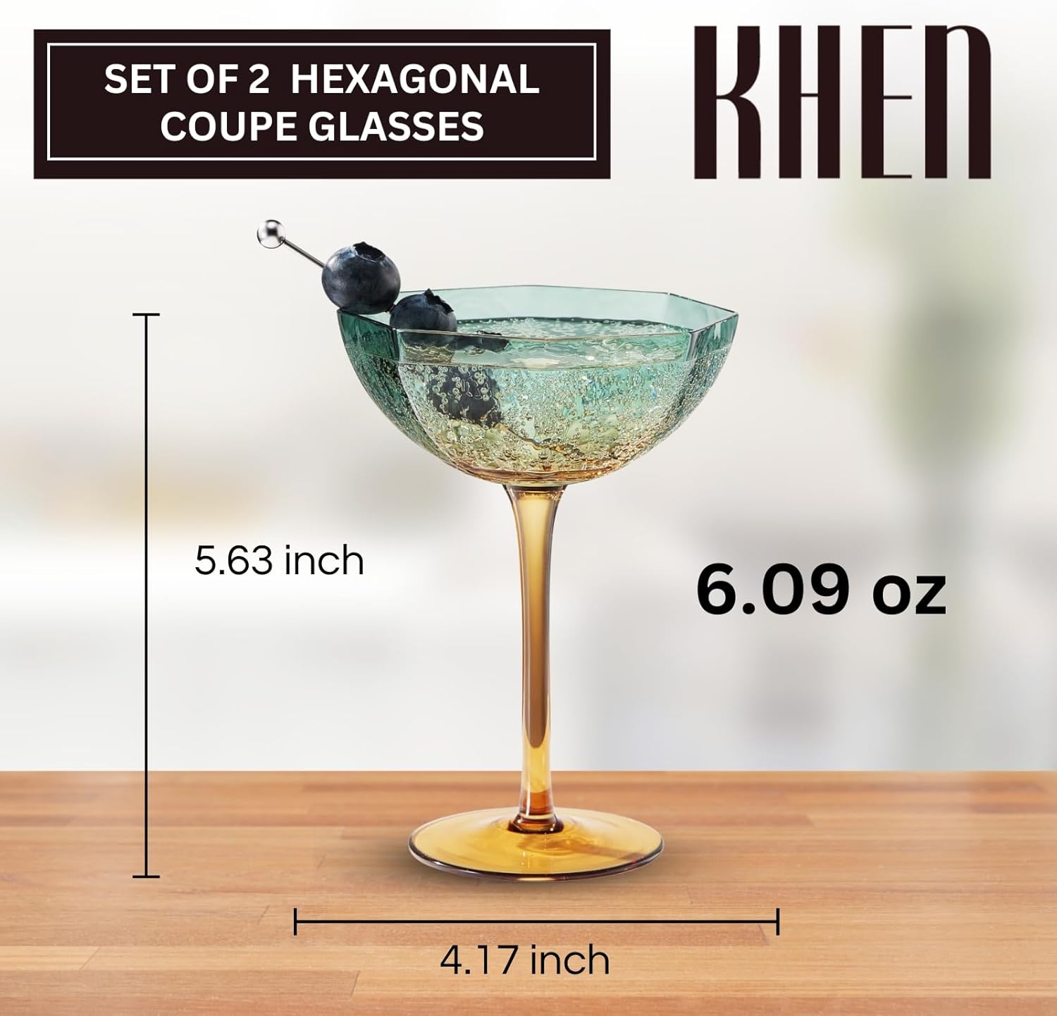 Khen Hexagonal Coupe Glasses Elegant Break Resistant - Set of 2 Teal + Brown