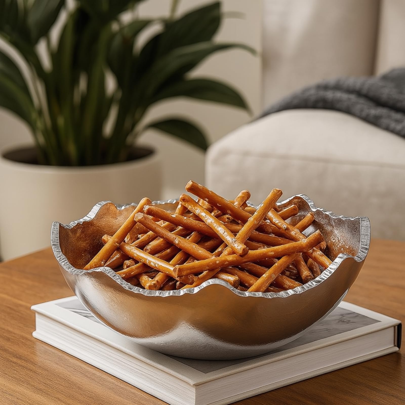 Decorative Silver Moon Decorative Metal Torn Hammered Asymmetrical Centerpiece Bowl