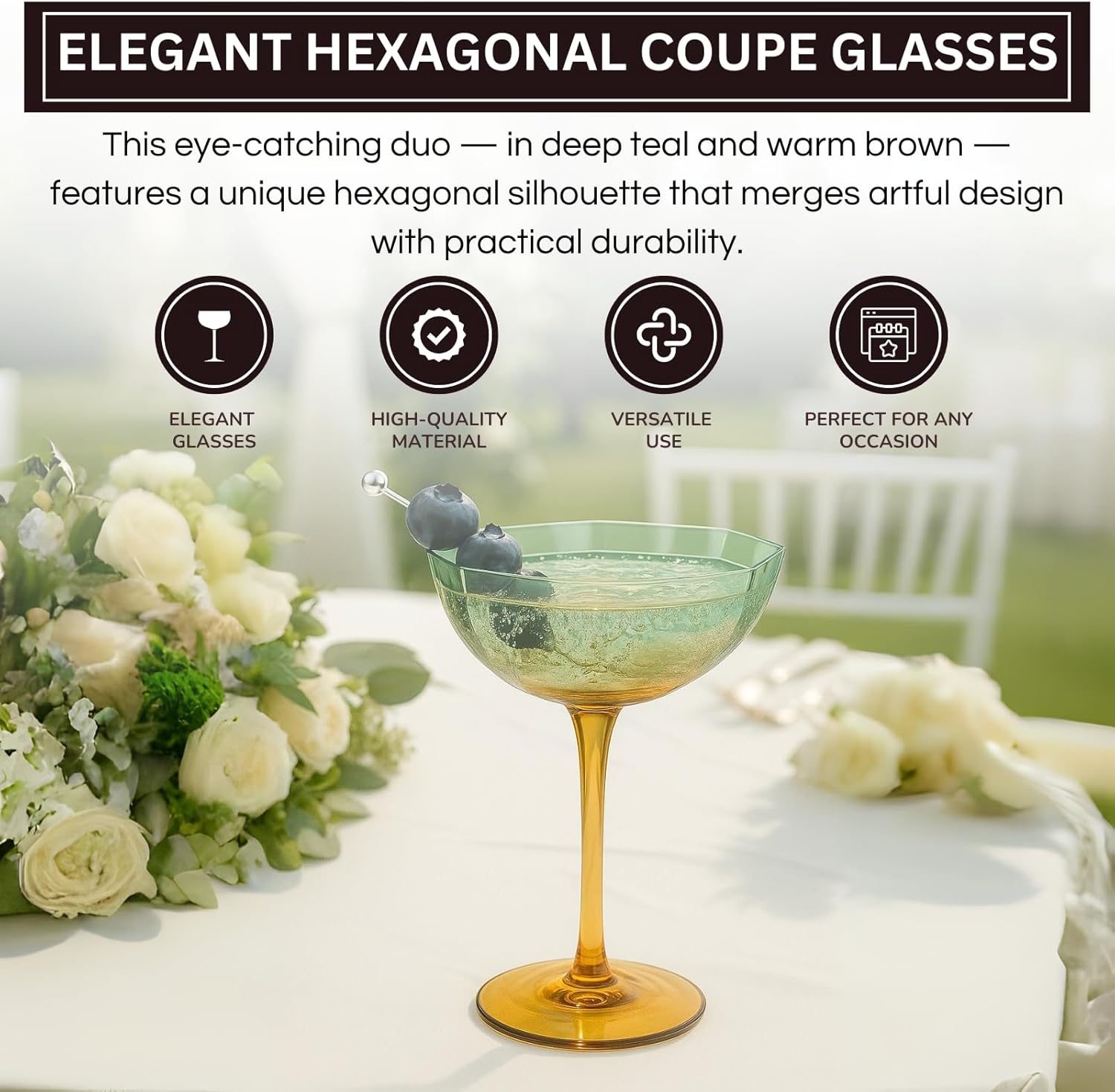 Khen Hexagonal Coupe Glasses Elegant Break Resistant - Set of 2 Teal + Brown