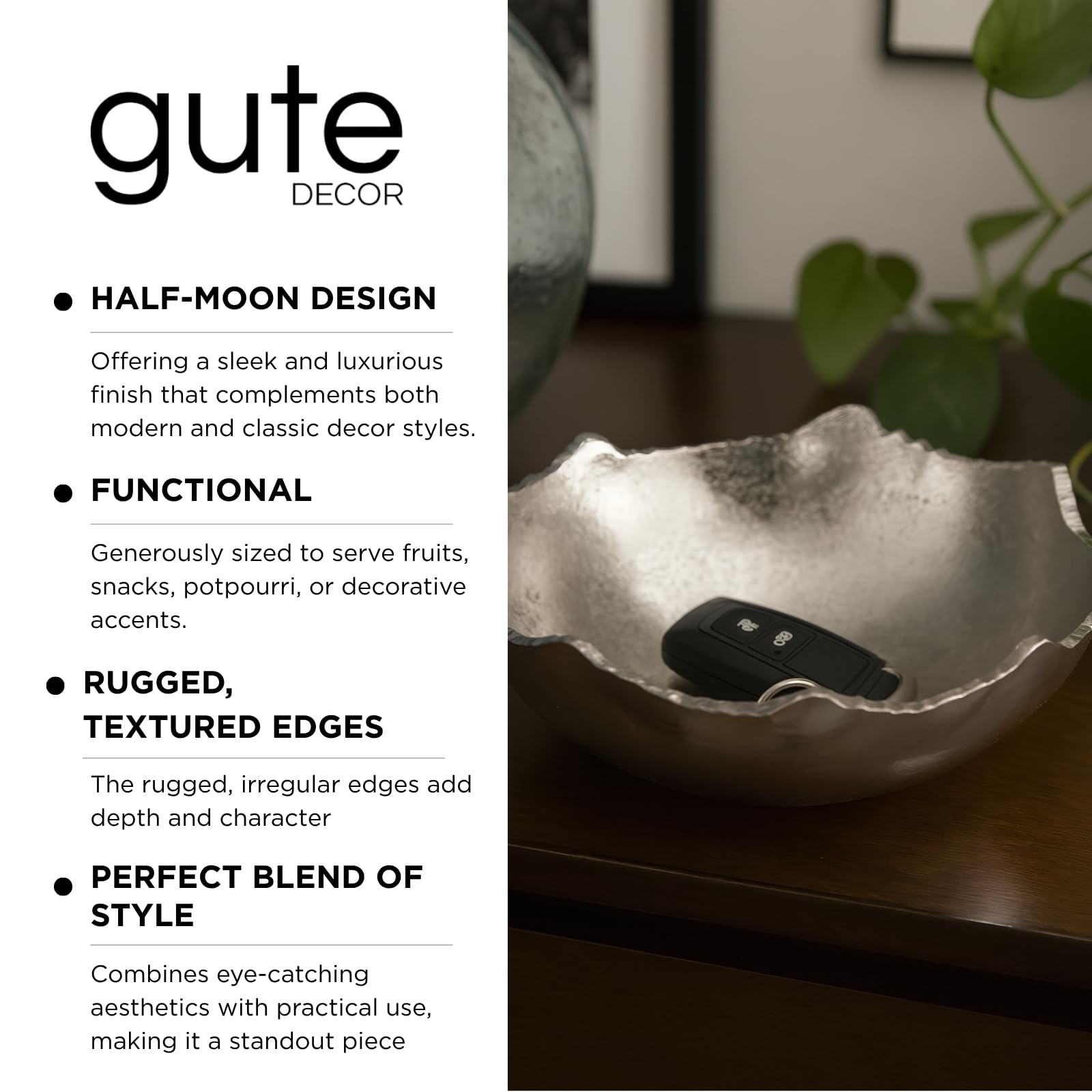 Decorative Silver Moon Decorative Metal Torn Hammered Asymmetrical Centerpiece Bowl