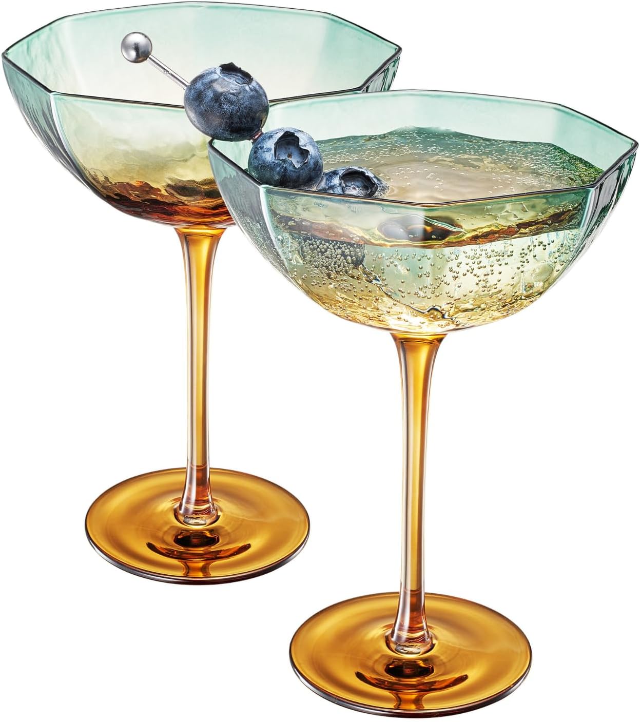 Khen Hexagonal Coupe Glasses Elegant Break Resistant - Set of 2 Teal + Brown