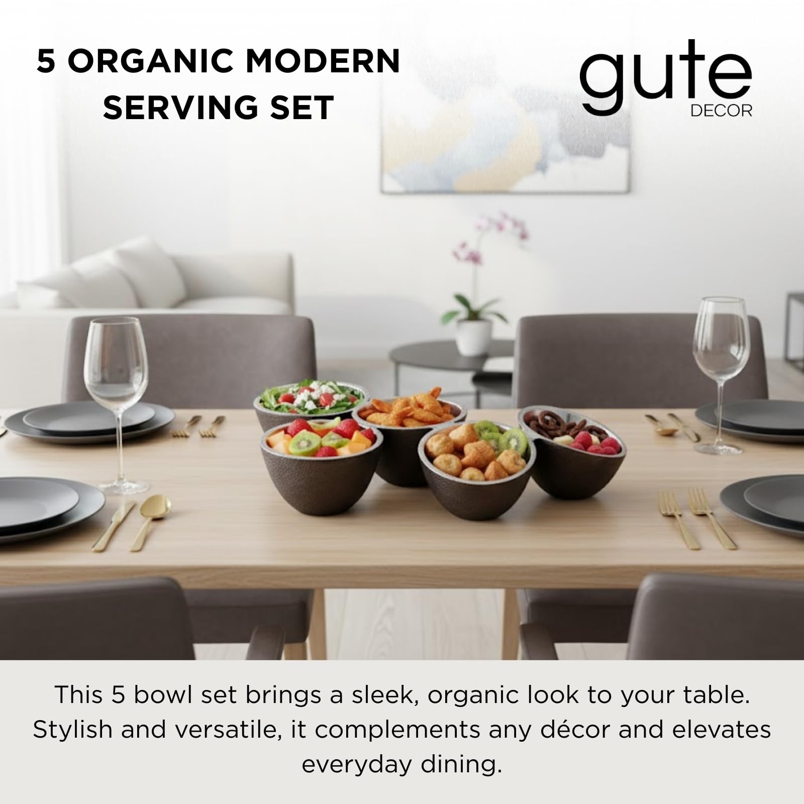 5 Bowl Organic Set – Modern Multi Section Serving Dish | Bowls for Snacks Salads Fruits Desserts