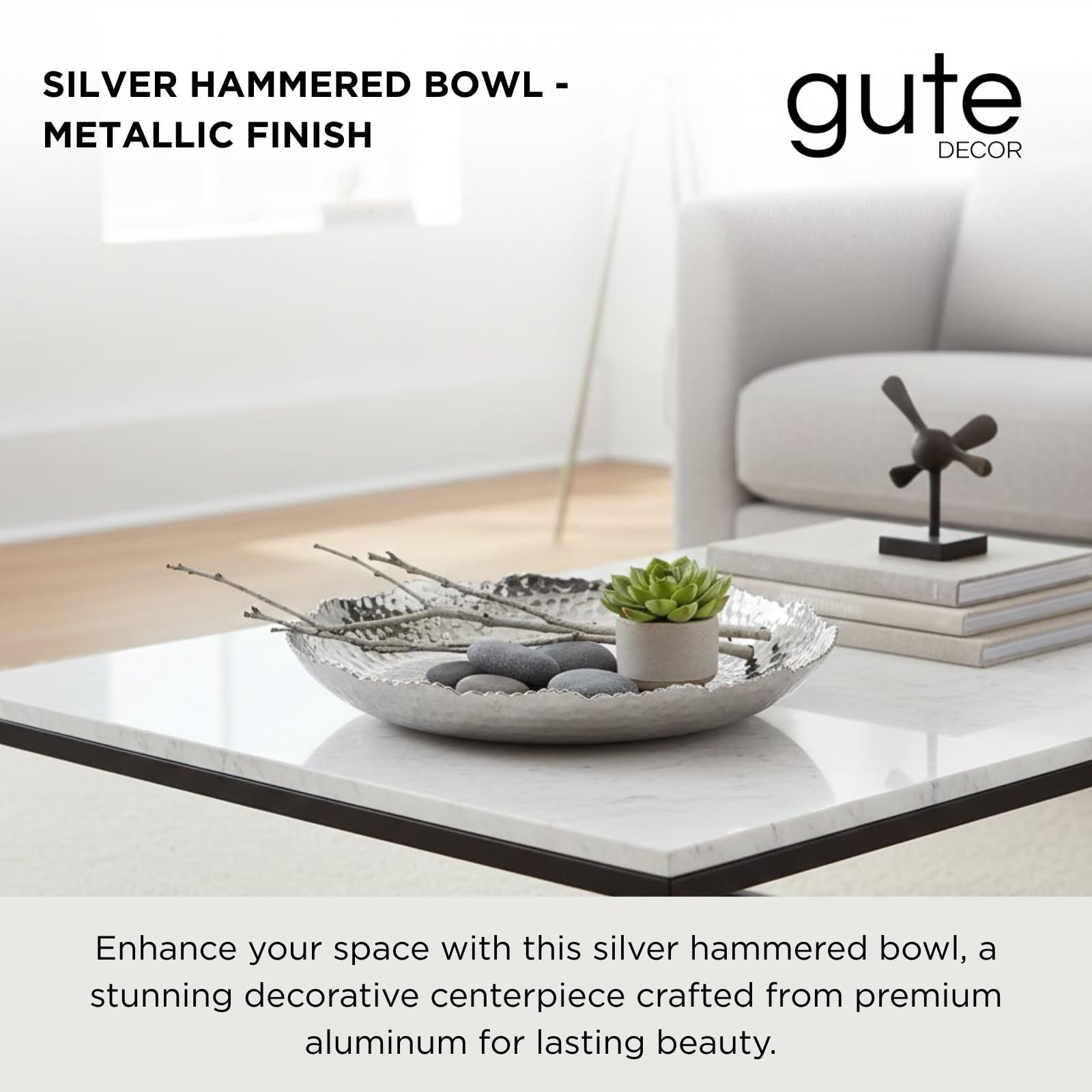 Silver Hammered Decorative Bowl Elegant Aluminum Centerpiece