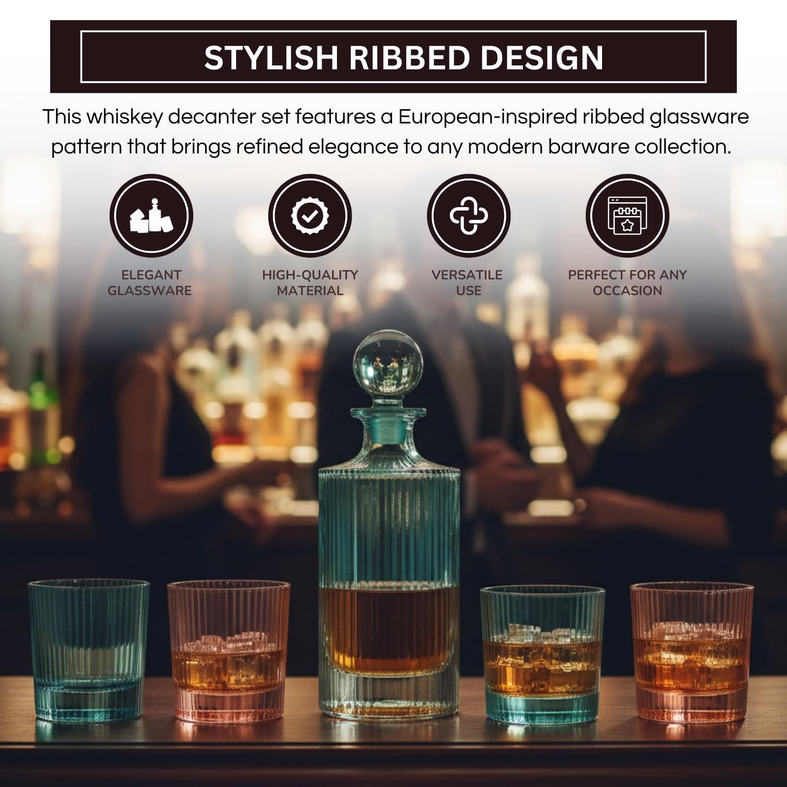 Khen Ribbed Decanter Set with 4 Glasses – Whiskey Bourbon Scotch