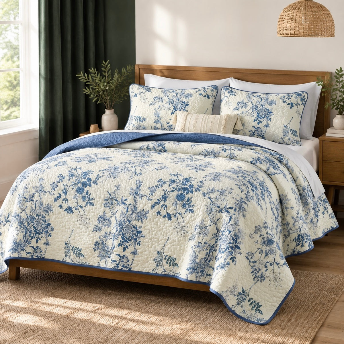 NEW Anthropologie Blue & White Vintage Floral Quilt Coverlet Bedding Sham & Set