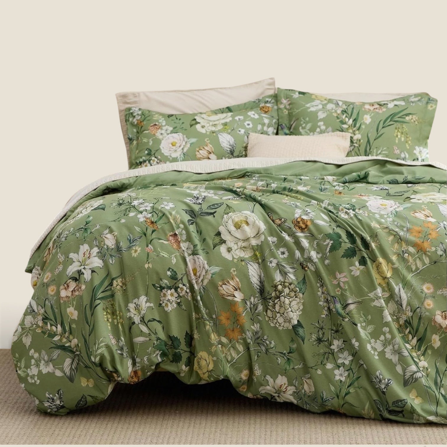 NEW Anthropologie Vintage Green Floral Bird Queen King Duvet Bedding & Sham Set