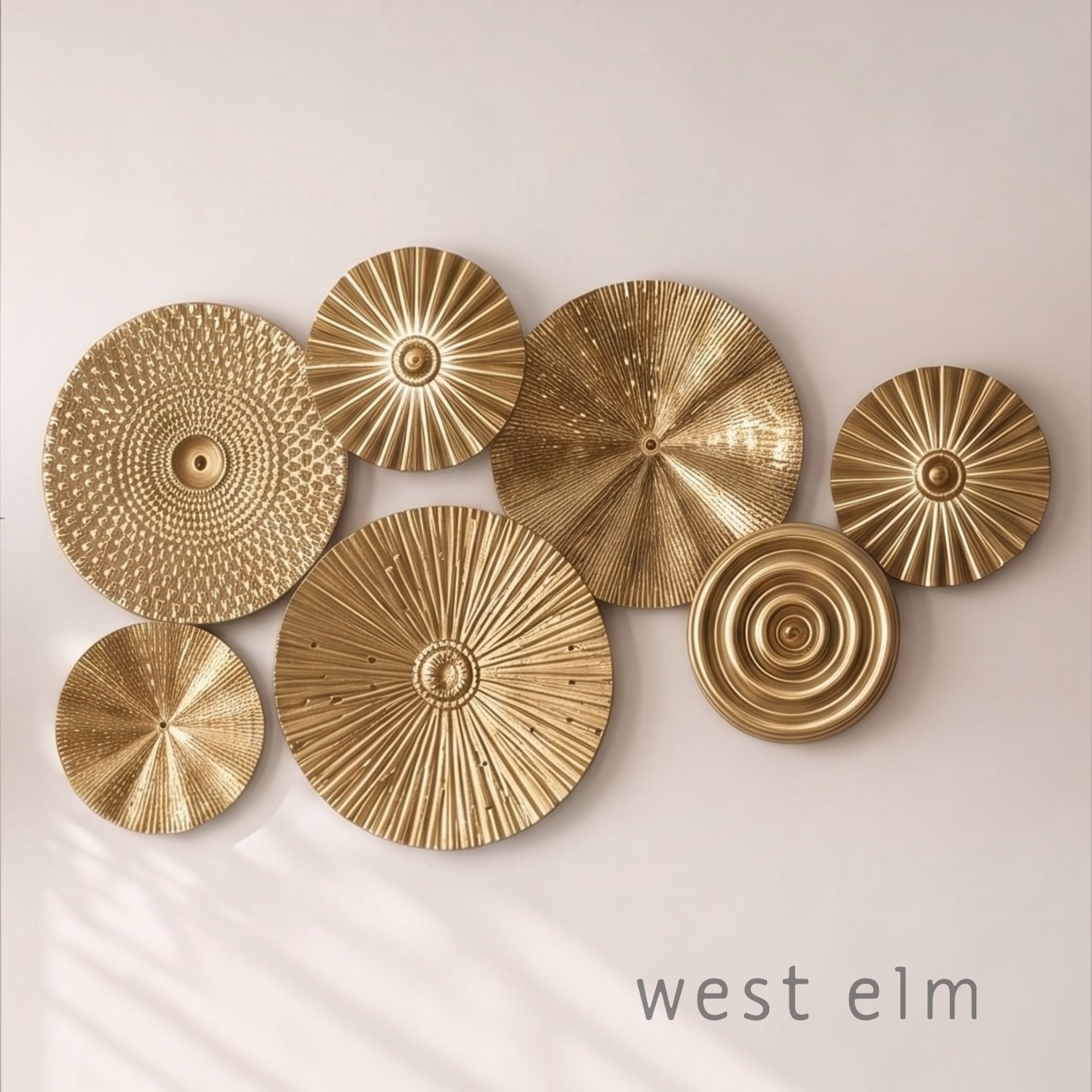 NEW West Elm XL Gold Boho Metal Abstract Wall Hanging Baskets Plates - Set of 7