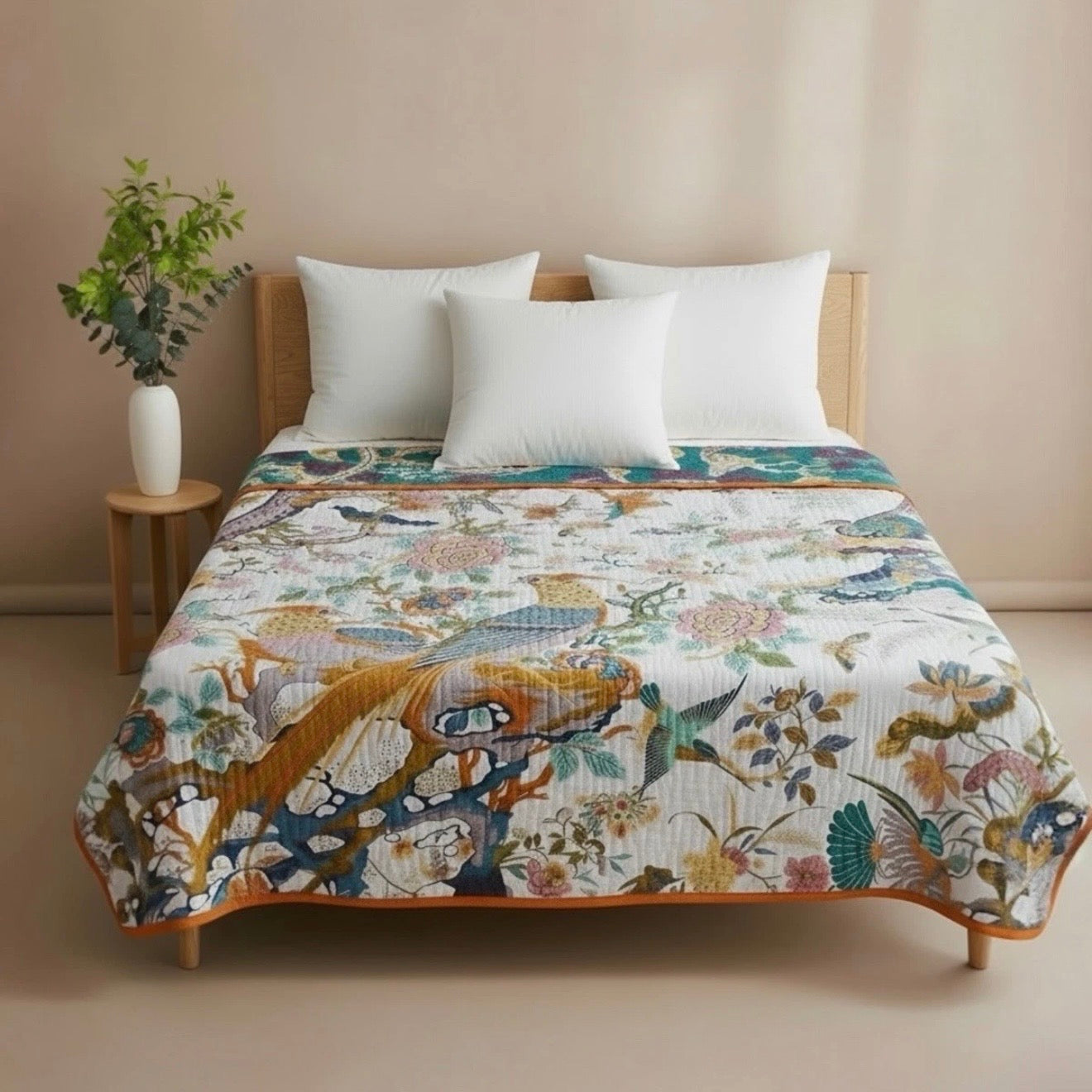 NEW Anthro Reversible Boho Bird Cotton Bedspread Blanket Quilt - Multiple Sizes