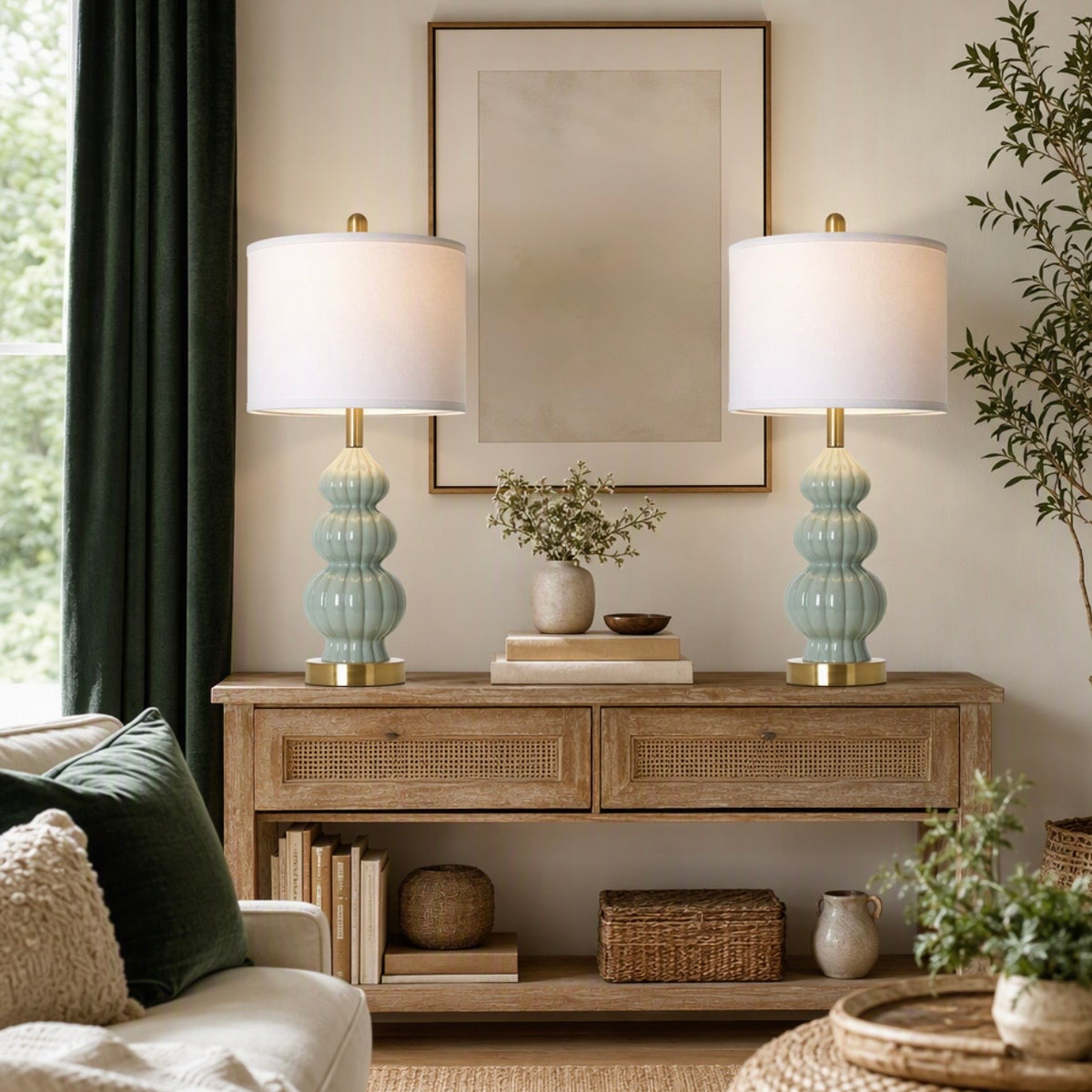 NEW Anthropologie Set / 2 Sage Green Gold Ceramic Boho Table Lamps Lighting 28"