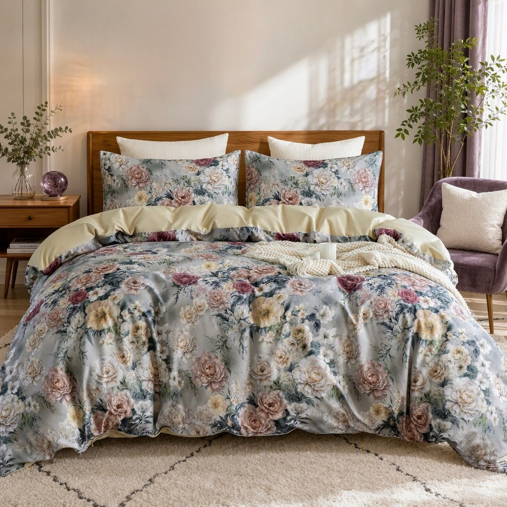 NEW Anthropologie Purple Rose Floral Boho 100% Cotton Duvet Bedding & Sham Set