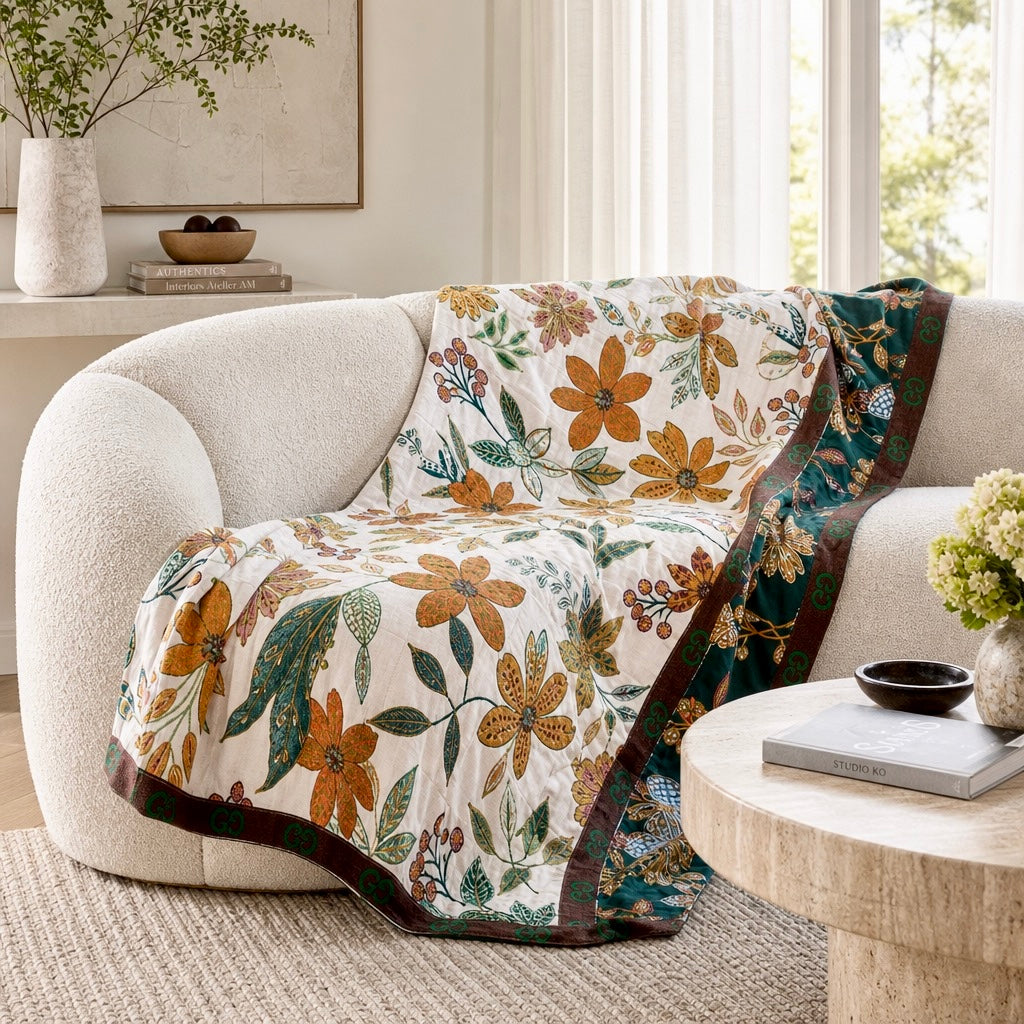 NEW Anthropologie Boho Floral Reversible Queen Blanket Bedspread Quilt 90" x 98"