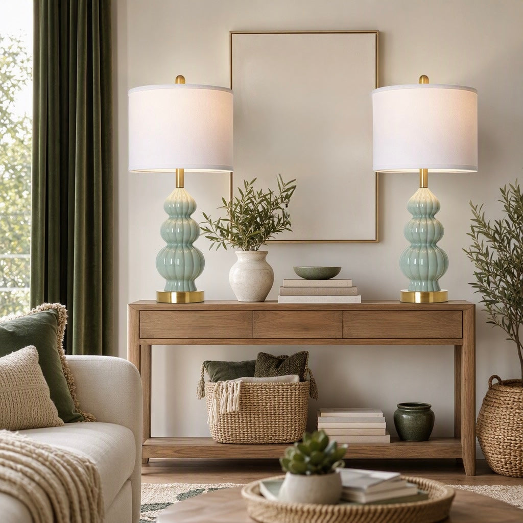 NEW Anthropologie Set / 2 Sage Green Gold Ceramic Boho Table Lamps Lighting 28"