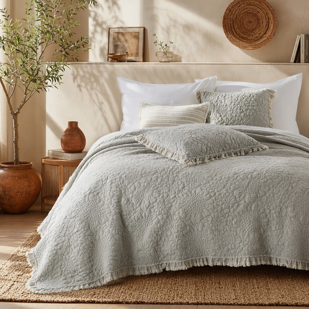 NEW Anthro Gray Beige Boho Ruffle Crinkle Queen / King Bedding Quilt & Sham Set