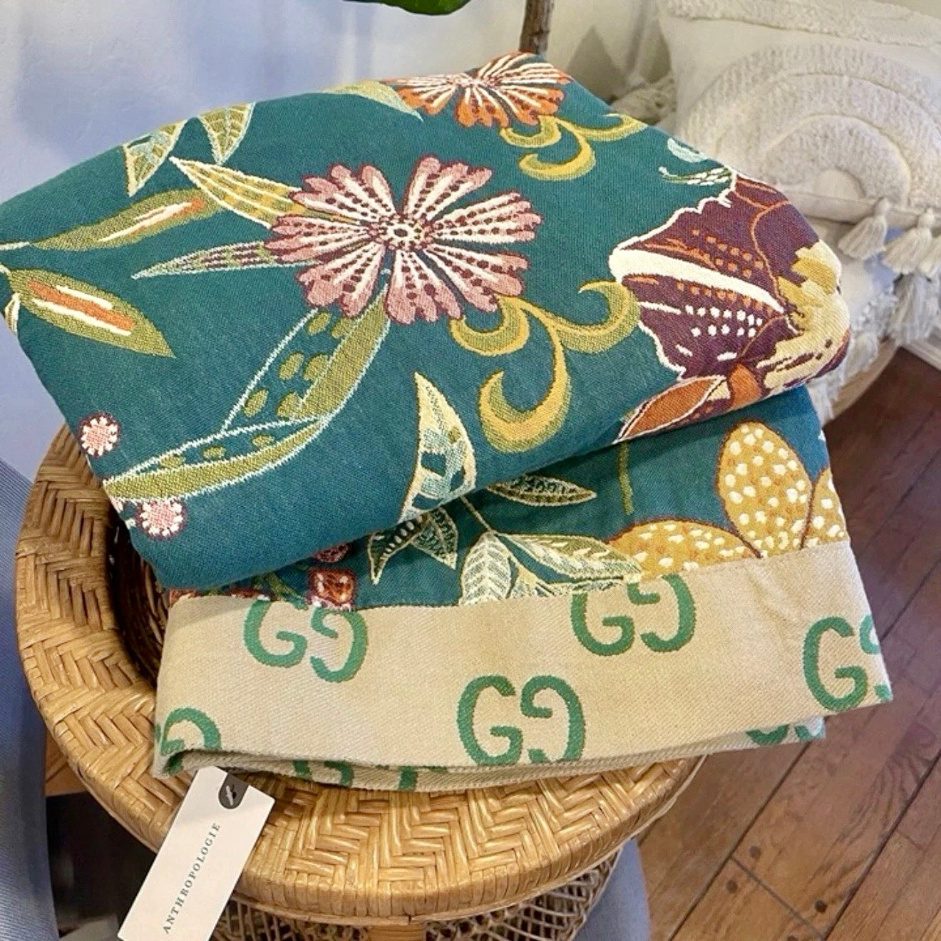 NEW Anthropologie Boho Teal Floral Reversible Queen Blanket Bedspread 80" x 90"