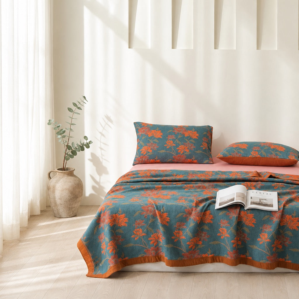 NEW Anthropologie Blue Orange Reversible King Size Bedspread Blanket Sham Set