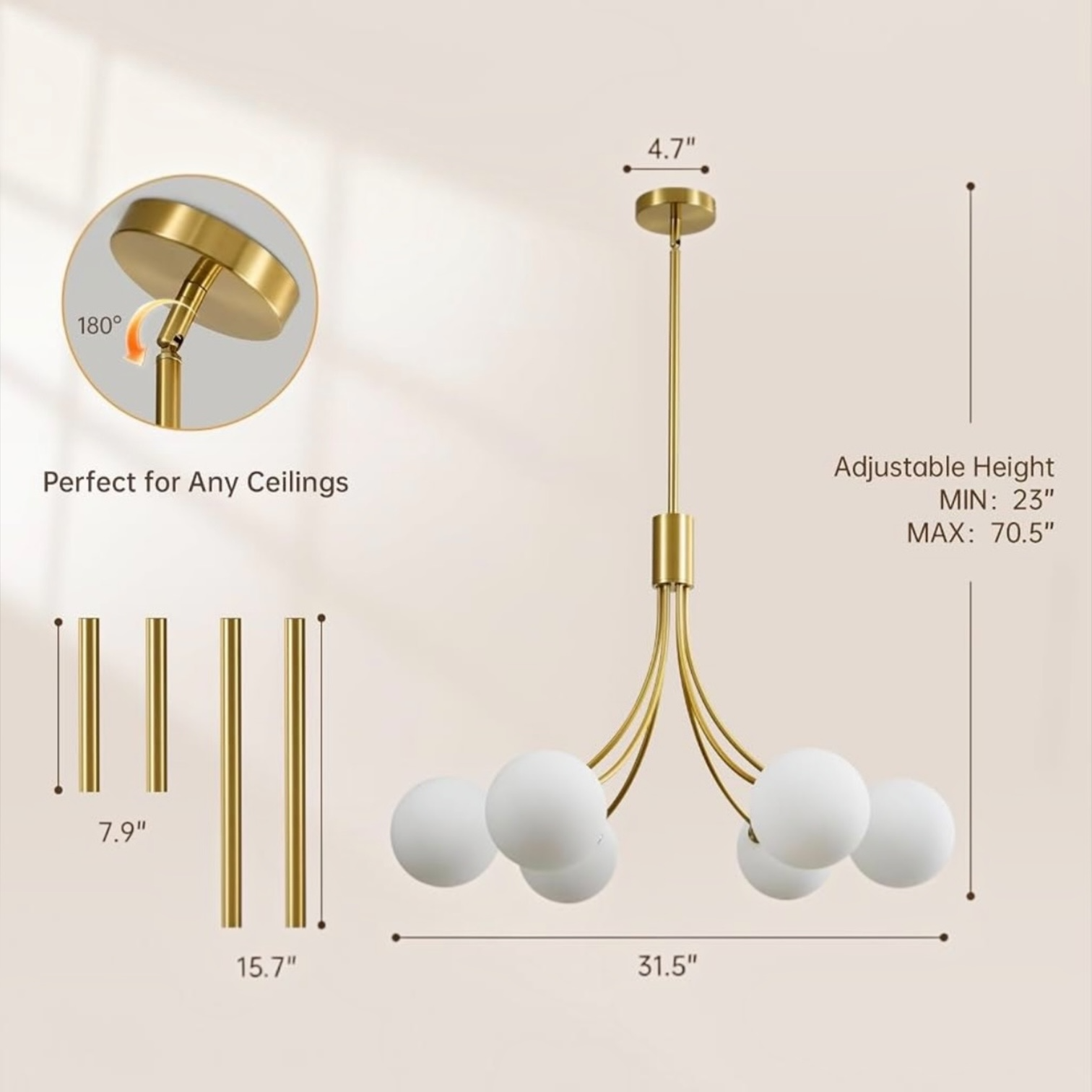 NEW West Elm XL 6-Light Gold & White Globe Boho Chandelier Hanging Light Fixture