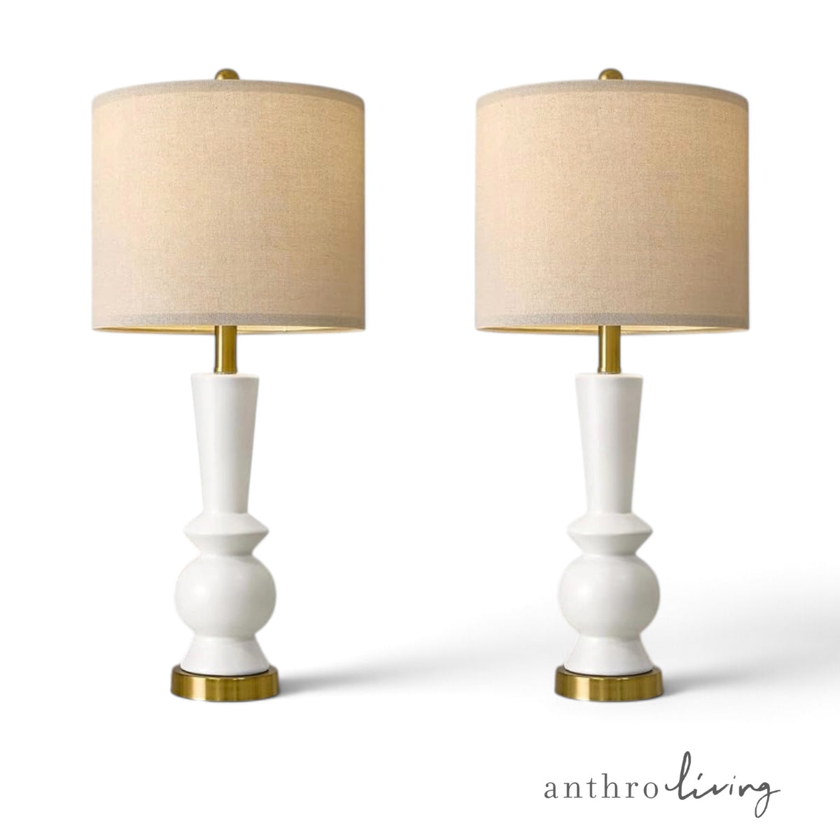 NEW Anthropologie Set of 2 White & Gold Ceramic Boho Table Lamps Lighting - 27"