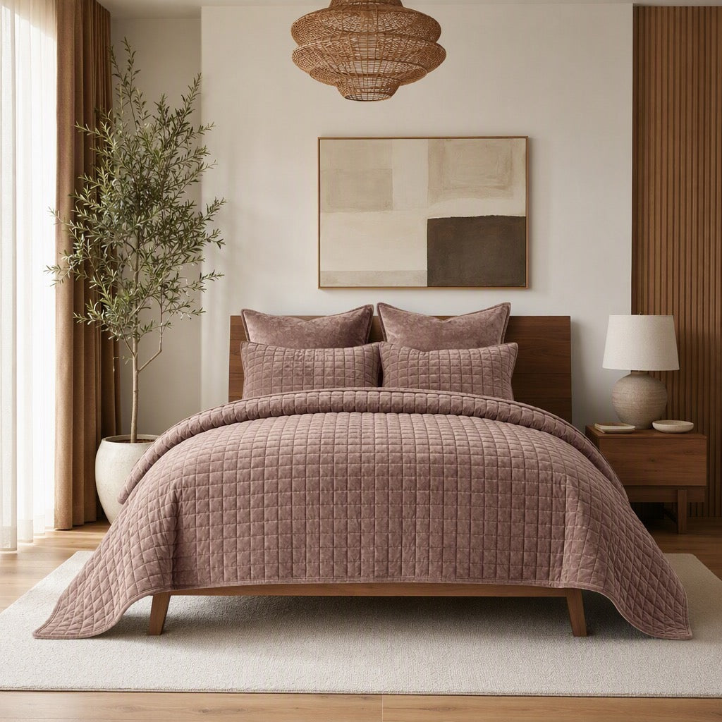 NEW West Elm Terracotta Velvet King / Queen Ultra Soft Bedding Quilt & Sham Set
