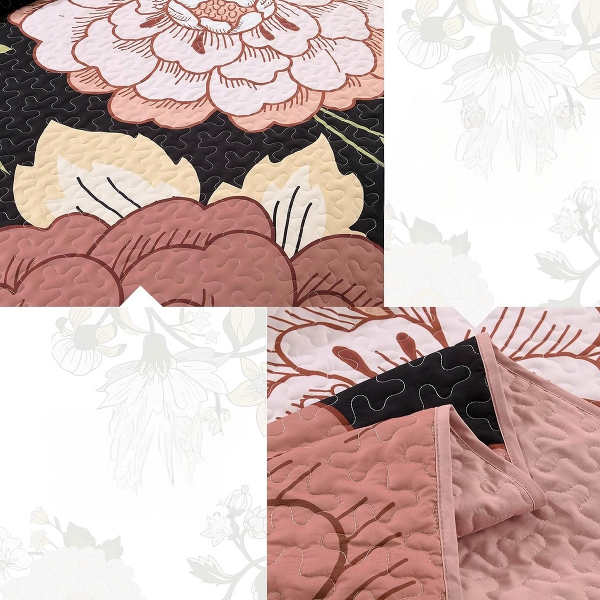NEW Anthropologie Black & Pink Floral Boho Queen / King Bedding Quilt & Sham Set