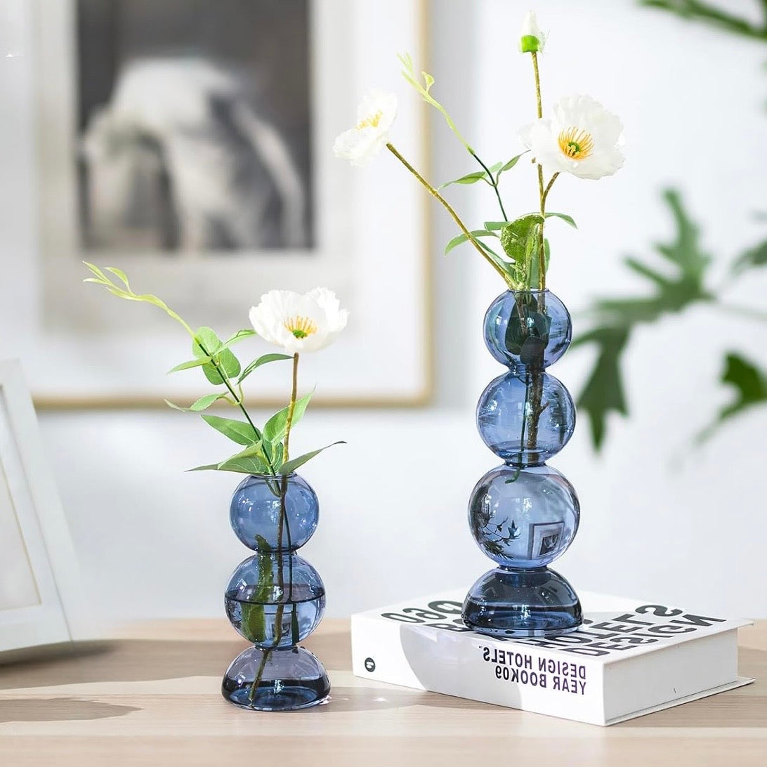 NEW Anthropologie Set 2 Blue Bubble Boho Art Deco Glass Decorative Flower Vases